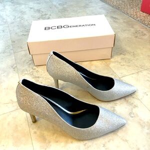 Brand New BCBGeneration Silver Glitter Shoes, Size 8.